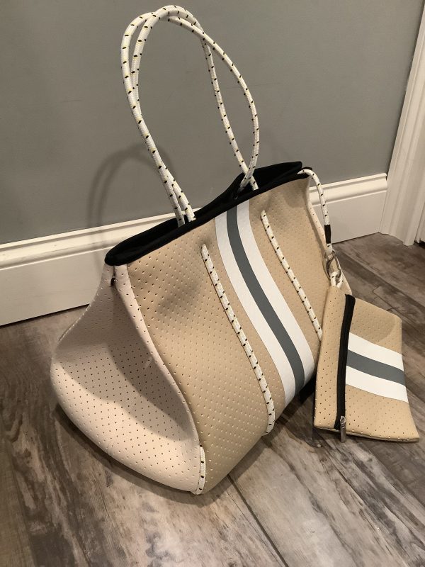 Beige with Grey & White Stripe Neoprene Tote Sale