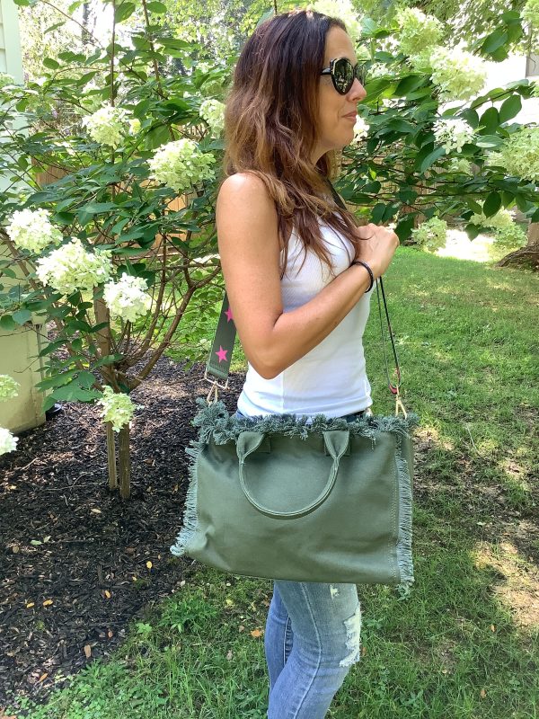 Olive Small Fringe Canvas Tote With Star Strap For Cheap