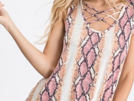 SLEEVELESS CRISSCROSS NECK SNAKE SKIN PRINT TOP - PINK Fashion