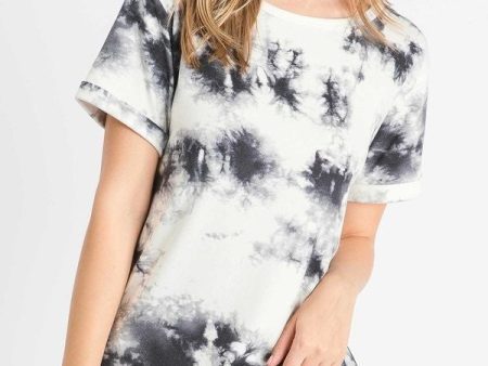 TIE-DYE TOP WITH A ROUND NECKLINE, ROLLED UP SHORT SLEEVES - OFF WHITE Cheap