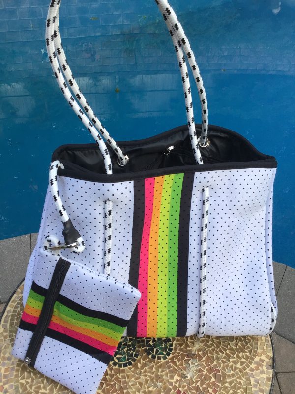 White with Rainbow Stripe Neoprene Tote Bag 🌈 Online now