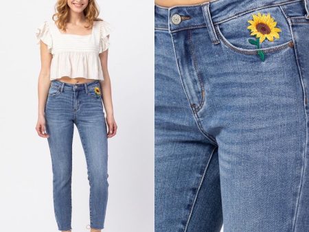 JUDY BLUE HI-RISE RELAXED SUNFLOWER EMBROIDERY For Cheap