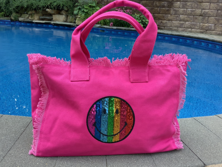 Rainbow Smiley 😊 Face Canvas Fringe Tote - Assorted Colors Online now