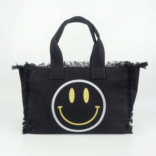 Metallic Gold Silver Smiley Face Canvas Fringe Tote - Assorted Colors Supply