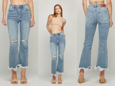 Hidden Light Wash Distressed Cropped Frayed Flare For Discount