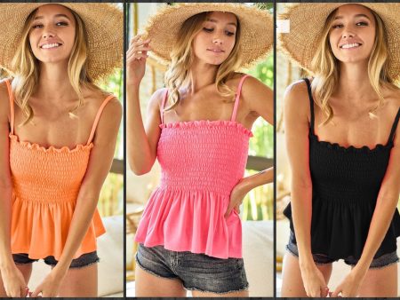 SMOKING AND FLARED SLEEVLESS TOP - ASSORTED COLORS Online Hot Sale