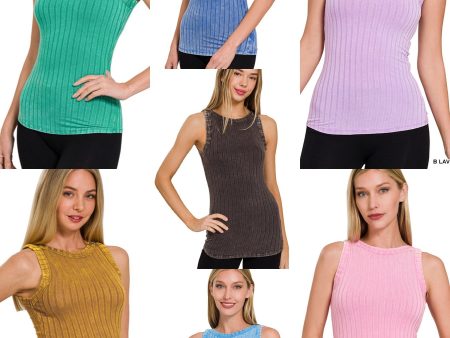 RIBBED SLEEVELESS TANK TOP WITH EXPOSED SEAM - ASSORTED COLORS For Sale