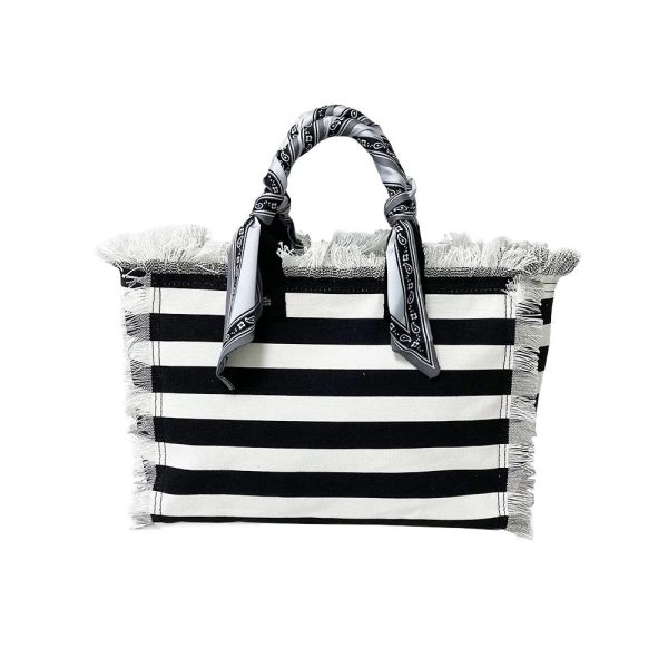 Canvas Fringe Striped Tote Bandana Handle - Blue or Black Fashion