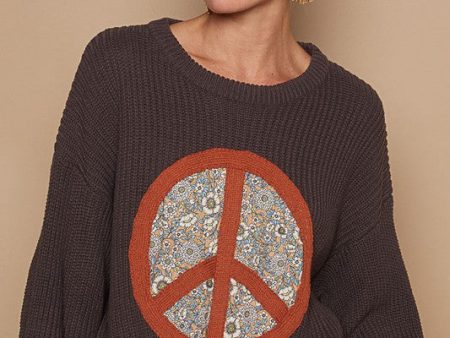 POL Round neck balloon sleeve floral peach sweater - Charcoal For Discount