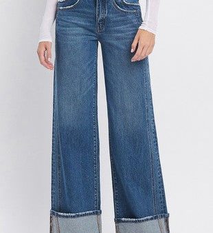 VERVET BY FLYING MONKEY HIGH RISE CUFFED PANEL BAGGY WIDE JEANS on Sale