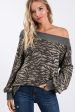 Animal print neckline trim detail bubble sleeve top - Mauve Charcoal Discount