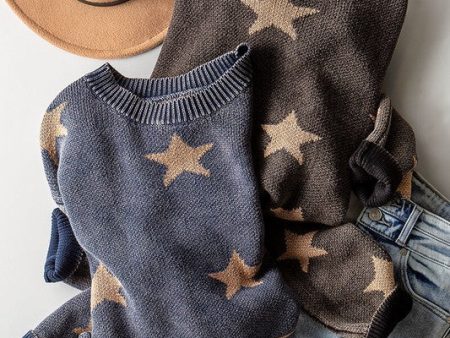 MINERAL WASH STAR PRINT RIB KNIT SWEATER - BLACK OR BLUE. Sale