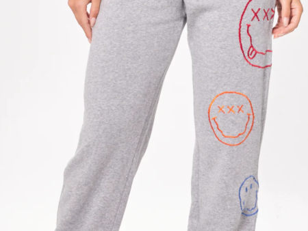 VINTAGE HAVANA HEATHER GREY BURNOUT FLEECE JOGGERS W  SMILEY EMBROIDERY Cheap