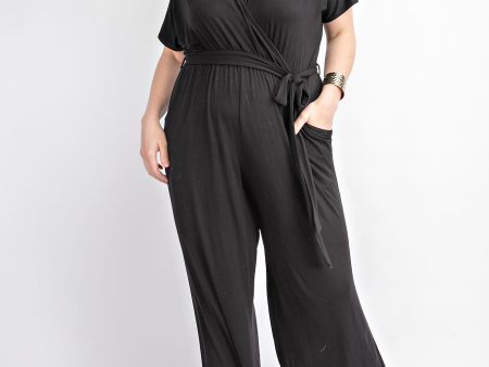 PLUS SHORT SLEEVE, DEEP V-NECK, JUMPSUIT,SIDE POCKETS - BLACK Discount