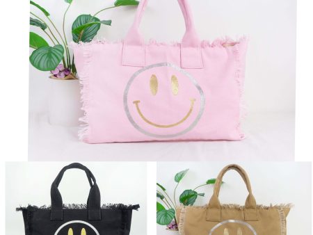 Metallic Gold Silver Smiley Face Canvas Fringe Tote - Assorted Colors Supply