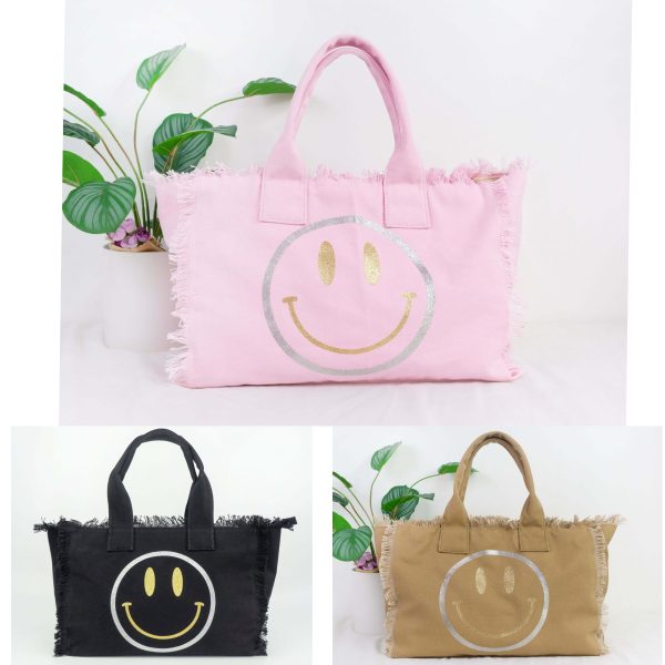 Metallic Gold Silver Smiley Face Canvas Fringe Tote - Assorted Colors Supply