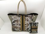 Brown Camo Olive Blk Stripe Neoprene Tote For Sale