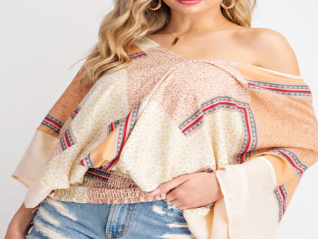 V Neck Scarf Print Kimono Top - Peach Supply