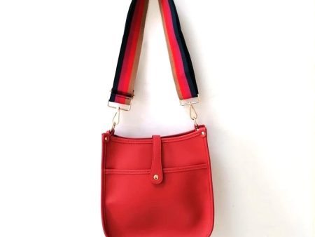 Red Vegan Leather Messenger Bag with Multi Stripe Strap ❤️ Discount