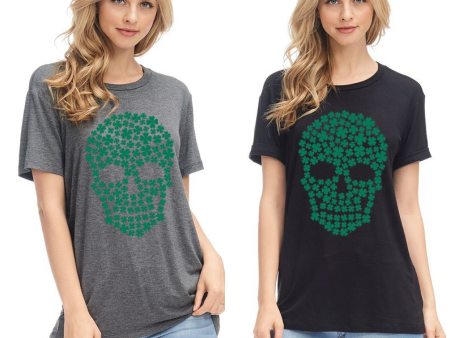 🍀 CLOVER SKULL ST PATRICK S DAY GRAPHIC, ROUND NECK TEE - Charcoal or Black For Sale