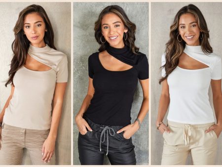 TURTLE NECK ASYMMETRICAL SHORT SLEEVE RIBBED TOP - BEIGE OR WHITE For Discount