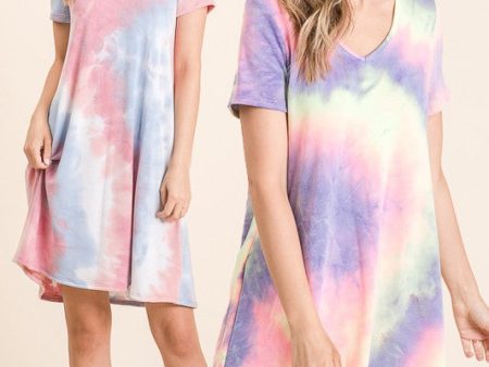 TIE DYE PRINT FRENCH TERRY V NECK MINI DRESS - BLUE PINK or LAVENDER MIX Hot on Sale