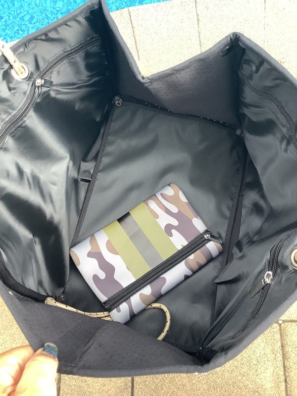 Brown Camo Olive Blk Stripe Neoprene Tote For Sale