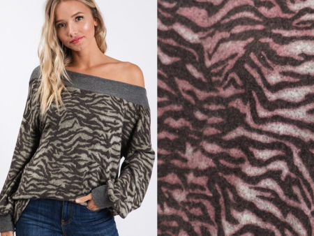 Animal print neckline trim detail bubble sleeve top - Mauve Charcoal Discount