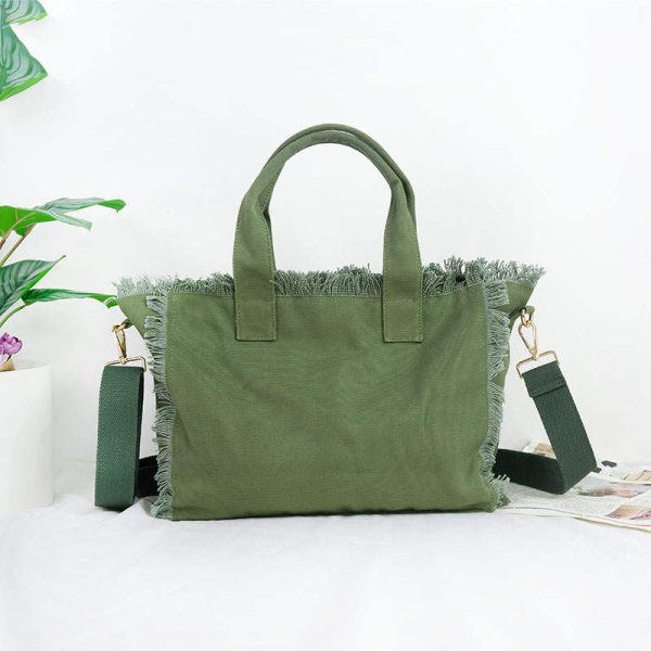 Small Fringe Canvas Tote With Solid Strap Discount