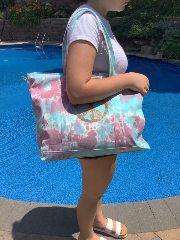 Gold Glitter Peace Sign Tiedye Canvas Tote Bag, Pouch & Strap Set - Lavender Turquoise Fashion