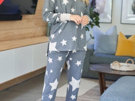 A Plus star print knit matching two piece set with a long sleeve top and pants featuring side pockets and a loose fit - Charcoal Hot on Sale