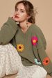 POL Oversize v-neck flower patches solid sweater - Olive or Charcoal Multi Sale