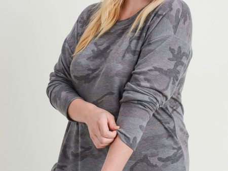 PLUS CASHMERE NON-BRUSHED CAMO PRINT TOP - ARMY CHARCOAL Hot on Sale