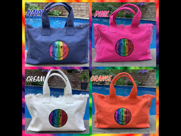 Rainbow Smiley 😊 Face Canvas Fringe Tote - Assorted Colors Online now