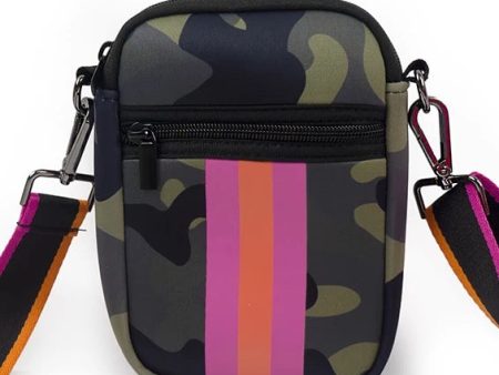 GREEN CAMO WITH NEON PINK & ORANGE STRIPE MULTI ZIPPER NEOPRENE PHONE HOLDER W 1.25  STRIPE STRAP Online now