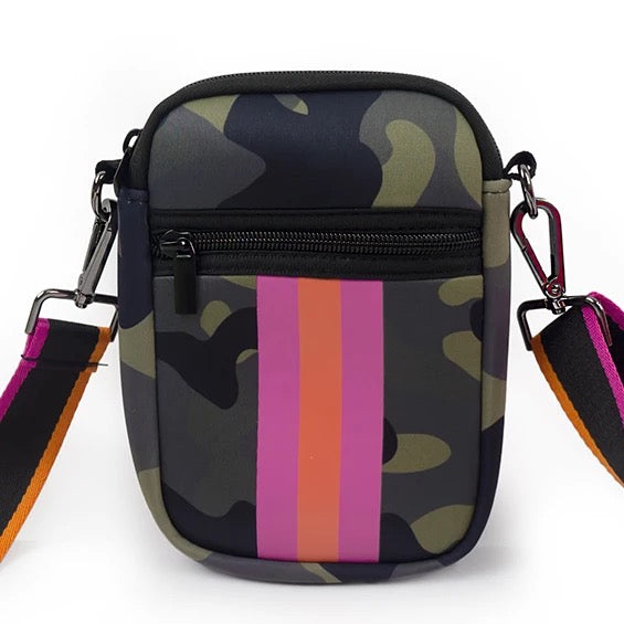 GREEN CAMO WITH NEON PINK & ORANGE STRIPE MULTI ZIPPER NEOPRENE PHONE HOLDER W 1.25  STRIPE STRAP Online now