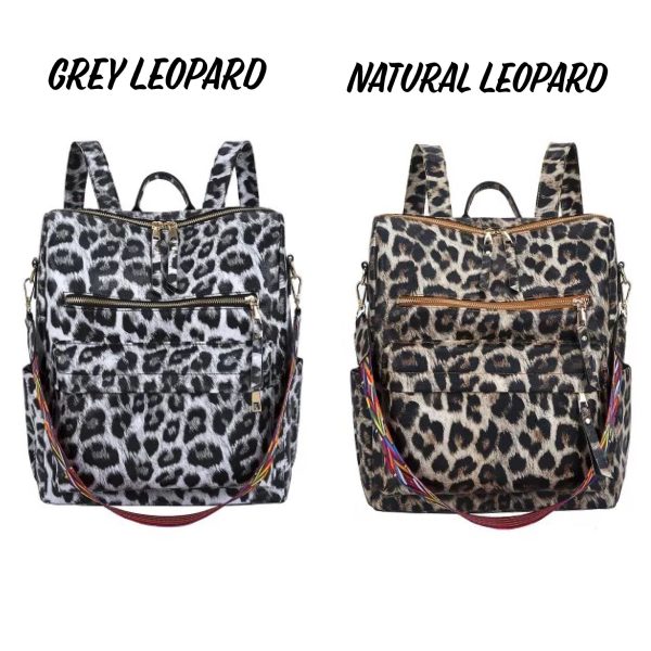 Leopard Vegan Leather Convertible Backpack - Grey or Tan Hot on Sale