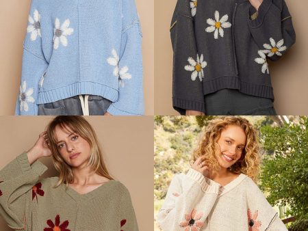 POL V-neck floral pattern chenille pullover sweater - Olive, Pale Almond, Baby Blue and Charcoal For Discount