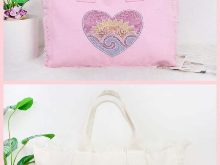 Bling Heart Sun Wave Large Canvas Fringe Tote - Pink or Ivory For Sale