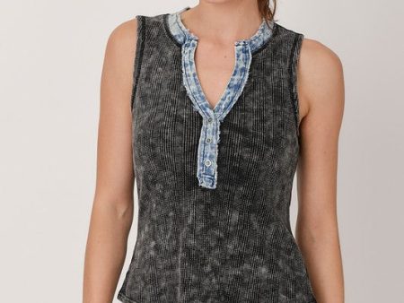 Washed Thermal Sleeveless Henley Top - Black Online Sale