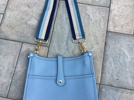 Light Blue Vegan Leather Messenger Bag with Multi Stripe Strap Online now