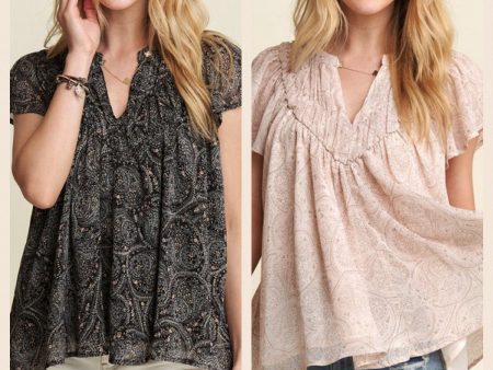 BOHO PAISLEY SHIRRING BLOUSE - BLACK OR MAUVE For Cheap