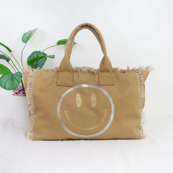 Metallic Gold Silver Smiley Face Canvas Fringe Tote - Assorted Colors Supply