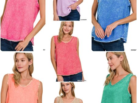 WASHED LINEN FRAYED EDGE V-NECK SLEEVELESS TOP- ASSORTED COLORS on Sale