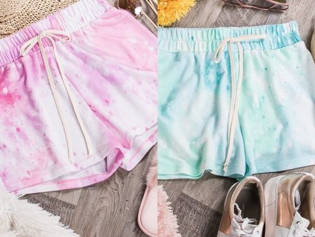 TIE-DYE SHORTS WITH ELASTICIZED WAISTBAND, DRAWSTRINGS, AND SIDE SEAM POCKETS - Blue Mint or Pink Cheap