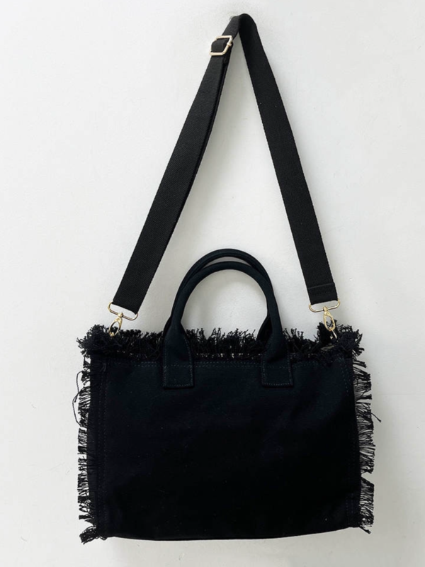 Small Fringe Canvas Tote With Solid Strap - Blue or Black Sale