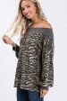 Animal print neckline trim detail bubble sleeve top - Mauve Charcoal Discount