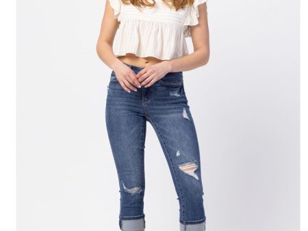 PLUS JUDY BLUE MID-RISE CUFFED DISTRESSED CAPRI Online Sale