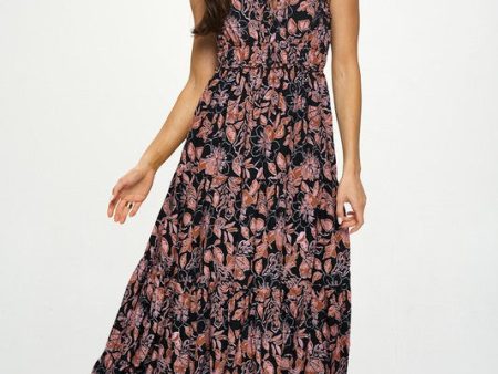 Botanical Print Front Tie Maxi Dress - Black For Cheap