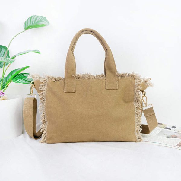 Small Fringe Canvas Tote With Solid Strap Discount